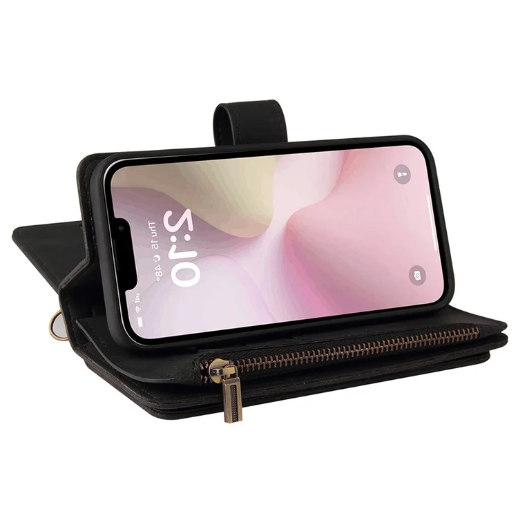 For iPhone 16e Zipper Wallet Case with 15 Card Slots and Strap Leather Phone Cover - Black
