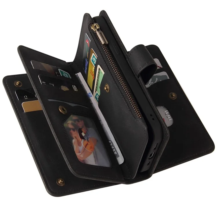 For iPhone 16e Zipper Wallet Case with 15 Card Slots and Strap Leather Phone Cover - Black
