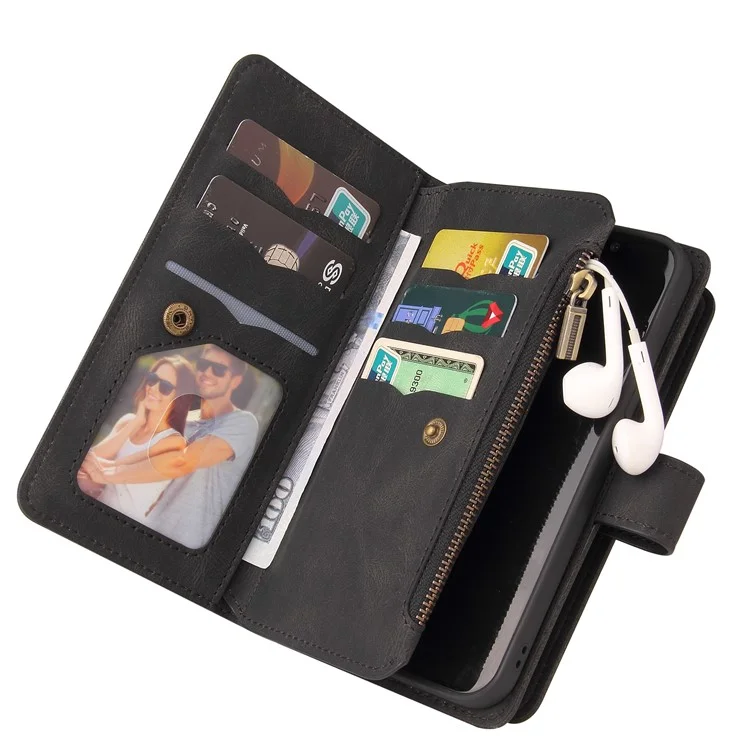 For iPhone 16e Zipper Wallet Case with 15 Card Slots and Strap Leather Phone Cover - Black