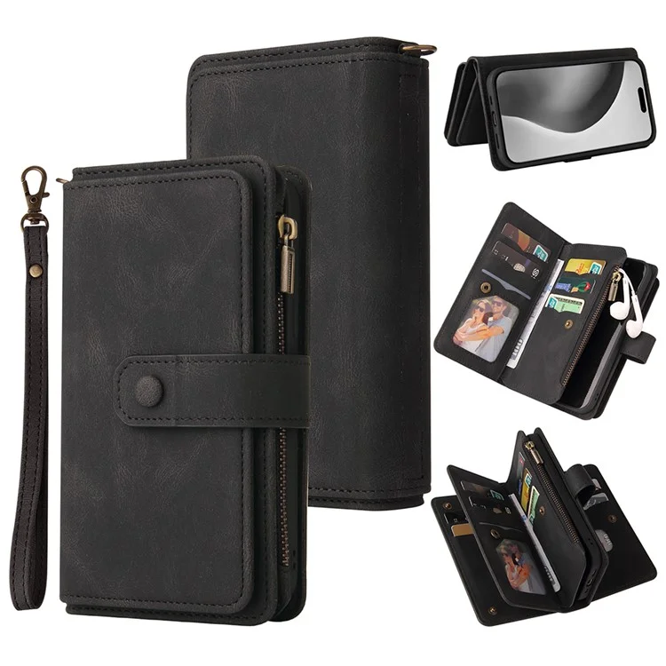 KT Multi-Functional Series-2 Para iPhone 16 Pro Max Case Skin-Touch Zipper Wallet Leather Smartphone Cover - Preto