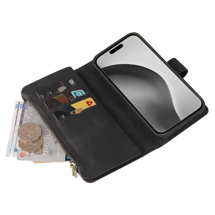 KT Multi-Functional Series-2 Para iPhone 16 Pro Max Case Skin-Touch Zipper Wallet Leather Smartphone Cover - Preto