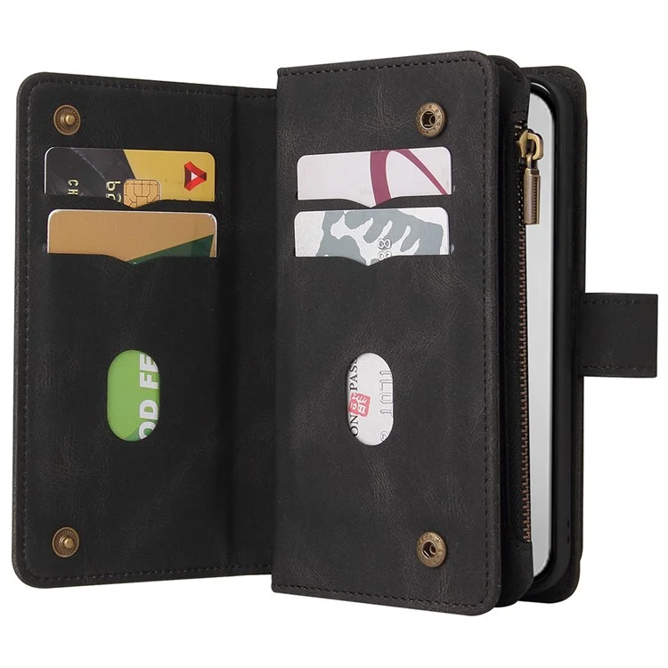 KT Multi-Functional Series-2 Para iPhone 16 Pro Max Case Skin-Touch Zipper Wallet Leather Smartphone Cover - Preto