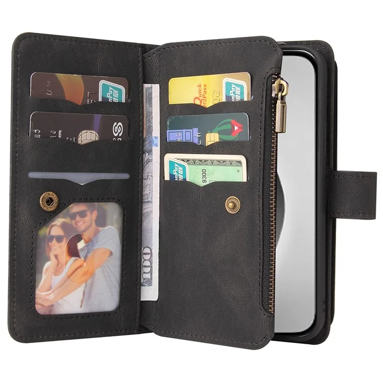 KT Multi-Functional Series-2 Para iPhone 16 Pro Max Case Skin-Touch Zipper Wallet Leather Smartphone Cover - Preto