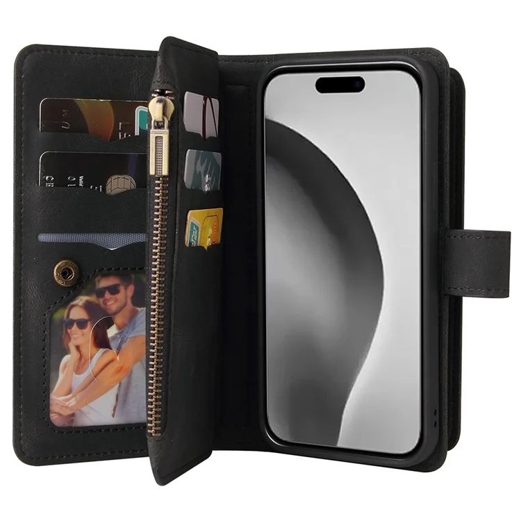 KT Multi-Functional Series-2 Para iPhone 16 Pro Max Case Skin-Touch Zipper Wallet Leather Smartphone Cover - Preto