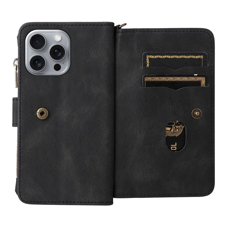 KT Multi-Functional Series-2 Para iPhone 16 Pro Max Case Skin-Touch Zipper Wallet Leather Smartphone Cover - Preto