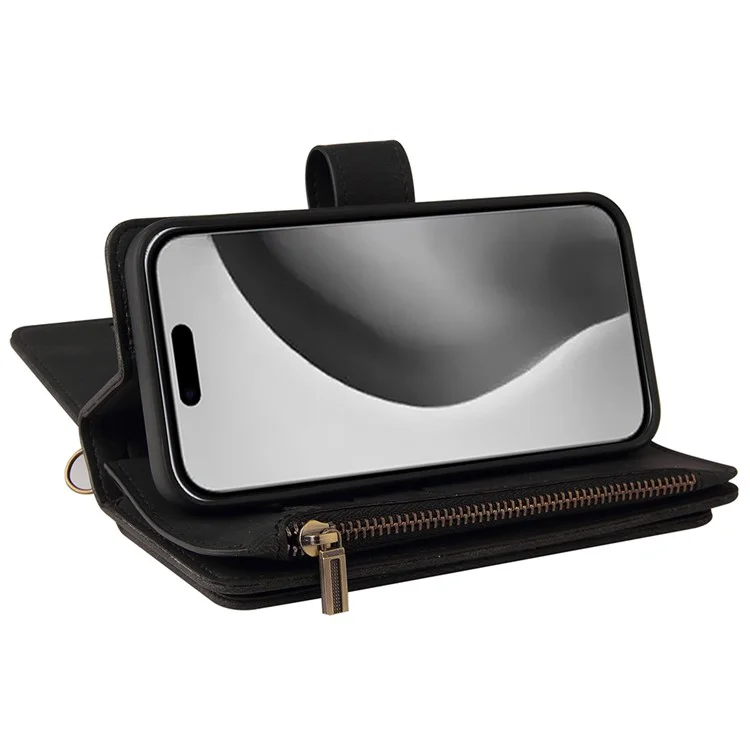 KT Multi-Functional Series-2 Para iPhone 16 Pro Max Case Skin-Touch Zipper Wallet Leather Smartphone Cover - Preto