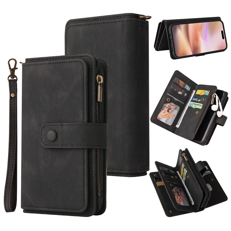 КТ Мультифункциональная серия-2 для iPhone 16 Plus Чехол Anti-Drop Zipper Pocket Leather Wallet Phone Cover - Черный