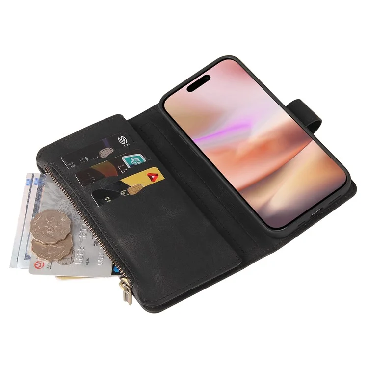 КТ Мультифункциональная серия-2 для iPhone 16 Plus Чехол Anti-Drop Zipper Pocket Leather Wallet Phone Cover - Черный