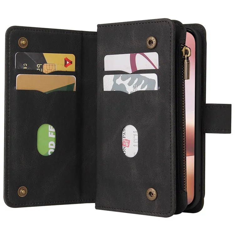 КТ Мультифункциональная серия-2 для iPhone 16 Plus Чехол Anti-Drop Zipper Pocket Leather Wallet Phone Cover - Черный