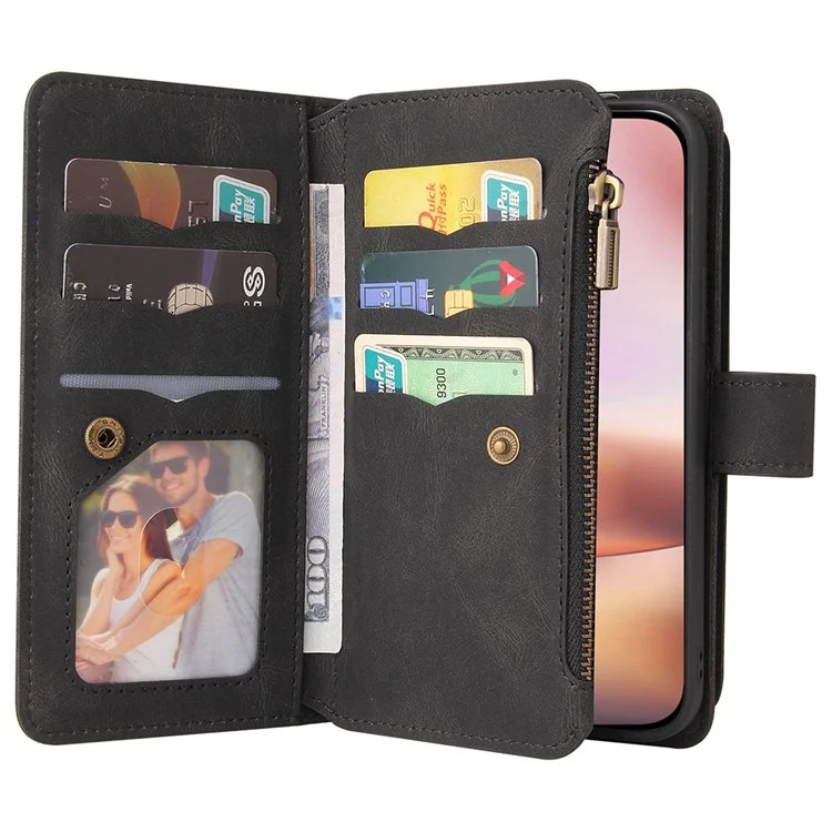 КТ Мультифункциональная серия-2 для iPhone 16 Plus Чехол Anti-Drop Zipper Pocket Leather Wallet Phone Cover - Черный
