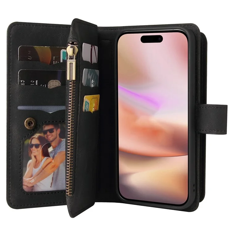 КТ Мультифункциональная серия-2 для iPhone 16 Plus Чехол Anti-Drop Zipper Pocket Leather Wallet Phone Cover - Черный