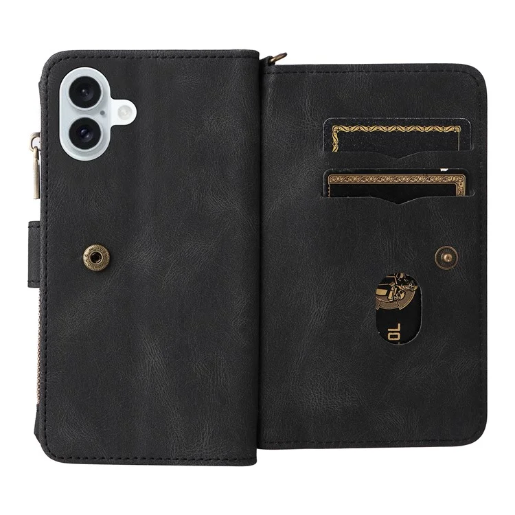 КТ Мультифункциональная серия-2 для iPhone 16 Plus Чехол Anti-Drop Zipper Pocket Leather Wallet Phone Cover - Черный
