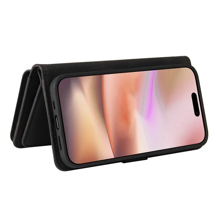 КТ Мультифункциональная серия-2 для iPhone 16 Plus Чехол Anti-Drop Zipper Pocket Leather Wallet Phone Cover - Черный