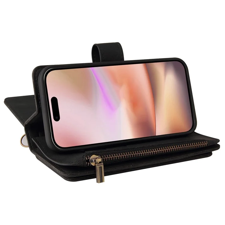 КТ Мультифункциональная серия-2 для iPhone 16 Plus Чехол Anti-Drop Zipper Pocket Leather Wallet Phone Cover - Черный