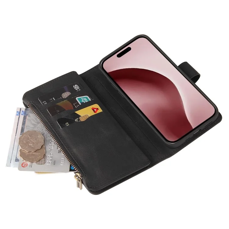 For iPhone 16 Pro Zipper Wallet Case with 15 Card Slots and Strap Leather Phone Cover - Black