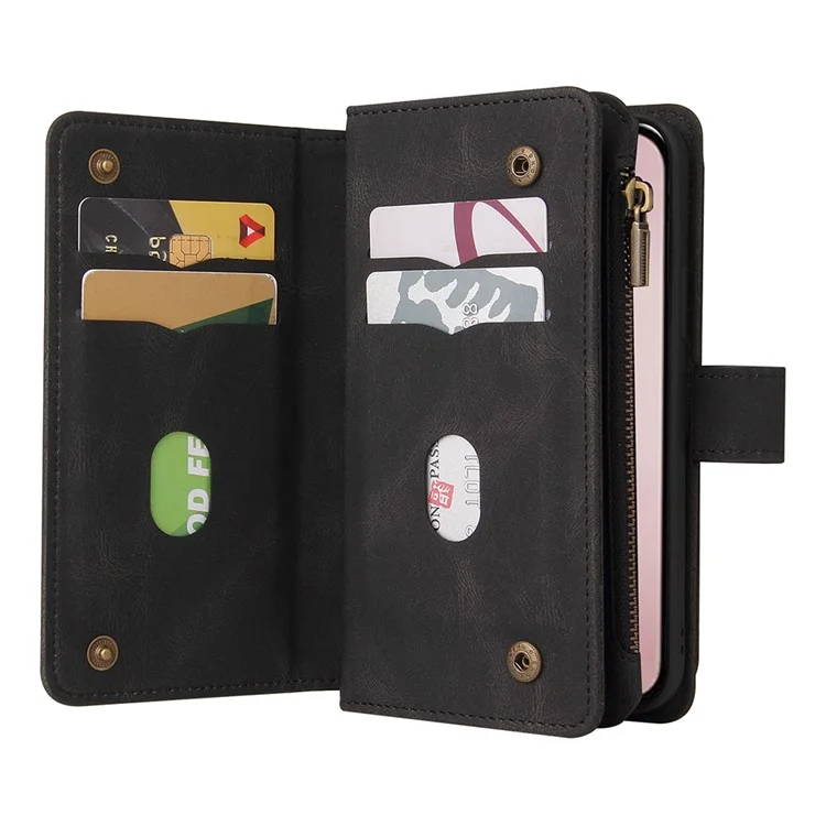 For iPhone 16 Pro Zipper Wallet Case with 15 Card Slots and Strap Leather Phone Cover - Black
