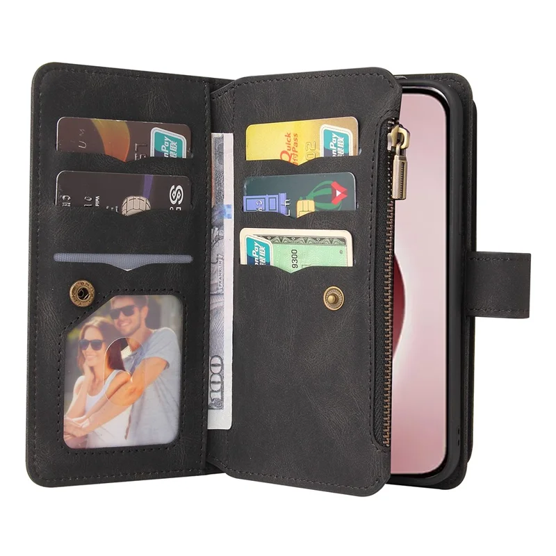 For iPhone 16 Pro Zipper Wallet Case with 15 Card Slots and Strap Leather Phone Cover - Black
