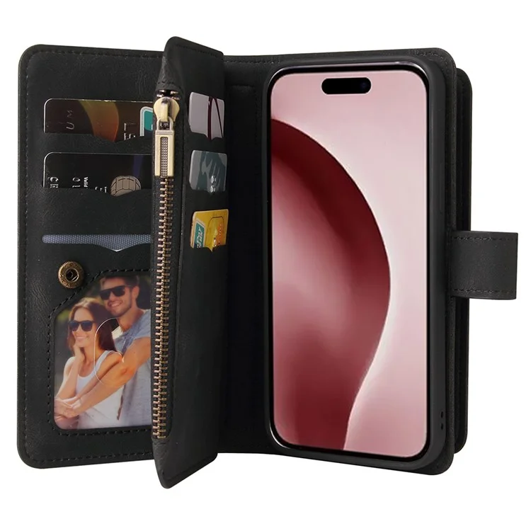 For iPhone 16 Pro Zipper Wallet Case with 15 Card Slots and Strap Leather Phone Cover - Black