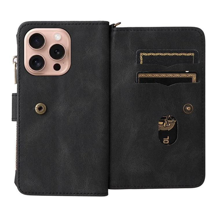 For iPhone 16 Pro Zipper Wallet Case with 15 Card Slots and Strap Leather Phone Cover - Black