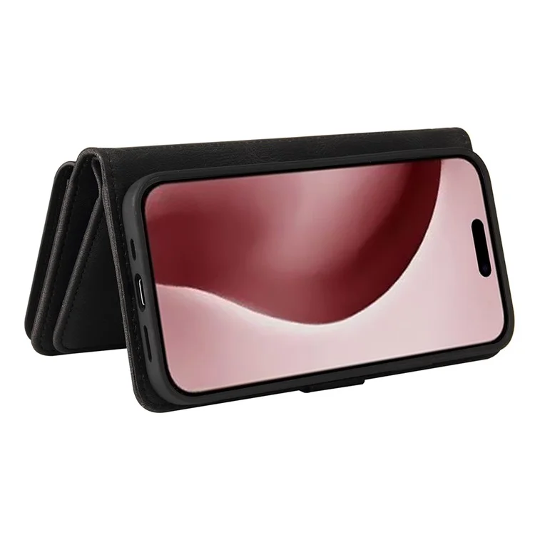 For iPhone 16 Pro Zipper Wallet Case with 15 Card Slots and Strap Leather Phone Cover - Black