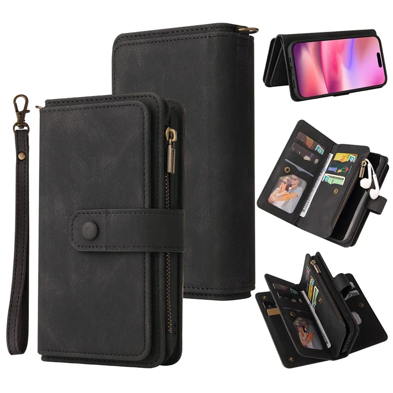 For iPhone 16 Zipper Wallet Case with 15 Card Slots and Strap Leather Phone Cover - Black