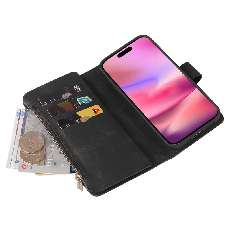 For iPhone 16 Zipper Wallet Case with 15 Card Slots and Strap Leather Phone Cover - Black