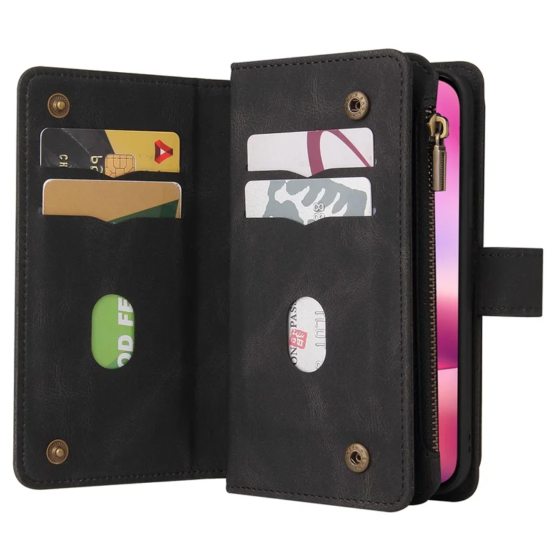 For iPhone 16 Zipper Wallet Case with 15 Card Slots and Strap Leather Phone Cover - Black