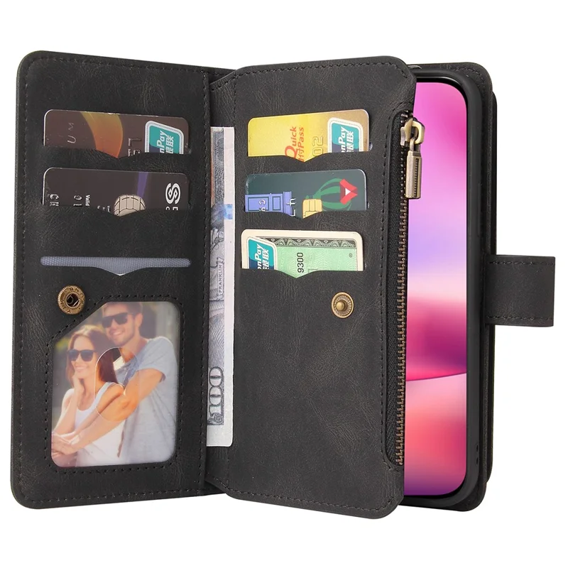 For iPhone 16 Zipper Wallet Case with 15 Card Slots and Strap Leather Phone Cover - Black
