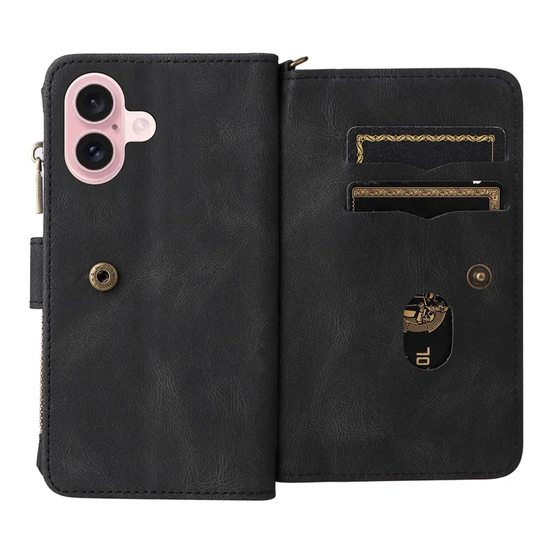 For iPhone 16 Zipper Wallet Case with 15 Card Slots and Strap Leather Phone Cover - Black