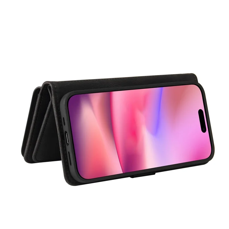For iPhone 16 Zipper Wallet Case with 15 Card Slots and Strap Leather Phone Cover - Black