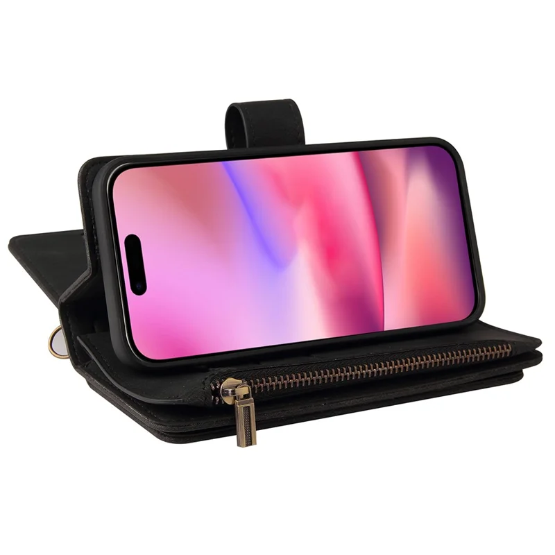 For iPhone 16 Zipper Wallet Case with 15 Card Slots and Strap Leather Phone Cover - Black