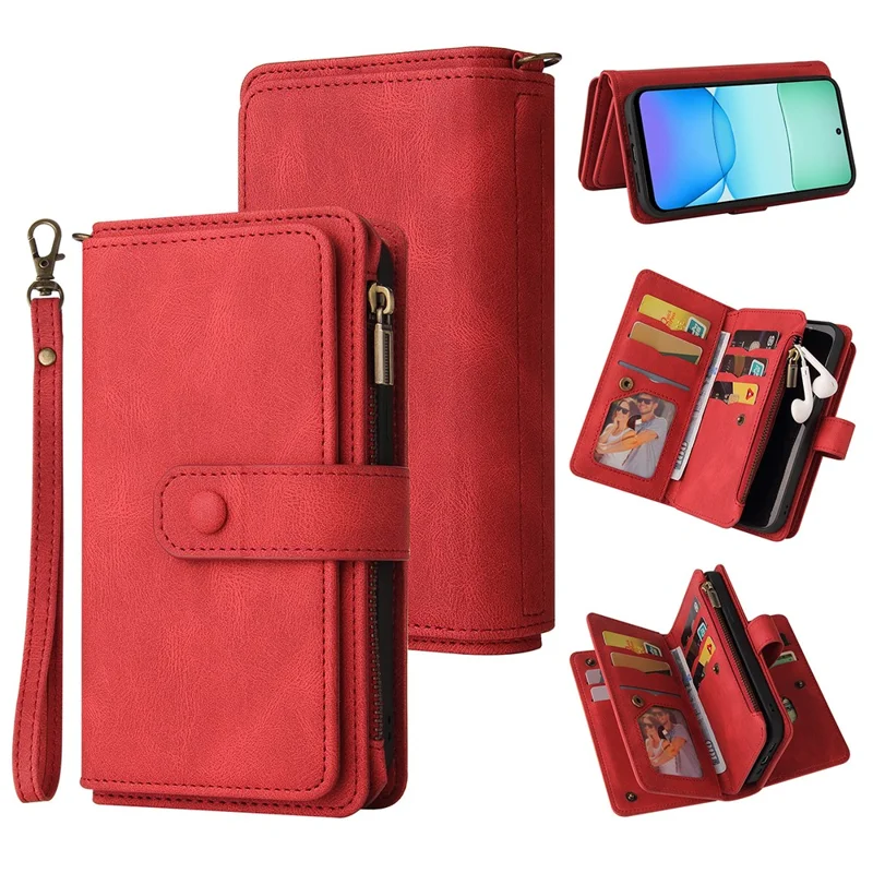 For Xiaomi Redmi 13 5G / 13 4G / Note 13R 5G Zipper Wallet Case with 15 Card Slots and Strap Leather Phone Cover - Red