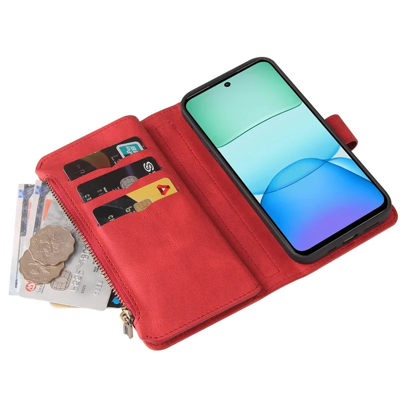 For Xiaomi Redmi 13 5G / 13 4G / Note 13R 5G Zipper Wallet Case with 15 Card Slots and Strap Leather Phone Cover - Red