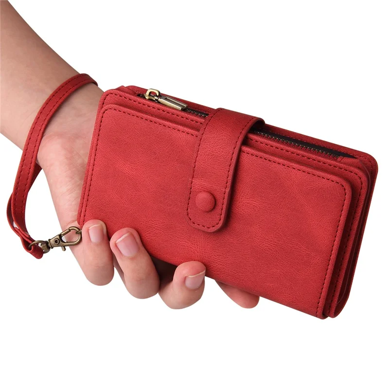 For Xiaomi Redmi 13 5G / 13 4G / Note 13R 5G Zipper Wallet Case with 15 Card Slots and Strap Leather Phone Cover - Red