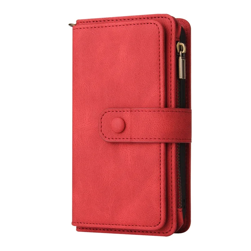 For Xiaomi Redmi 13 5G / 13 4G / Note 13R 5G Zipper Wallet Case with 15 Card Slots and Strap Leather Phone Cover - Red