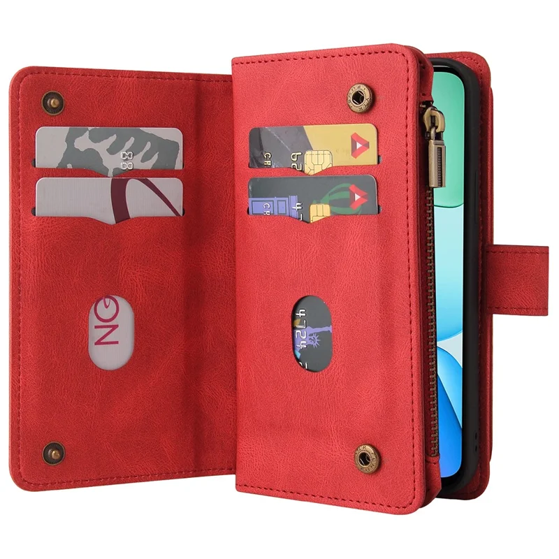 For Xiaomi Redmi 13 5G / 13 4G / Note 13R 5G Zipper Wallet Case with 15 Card Slots and Strap Leather Phone Cover - Red