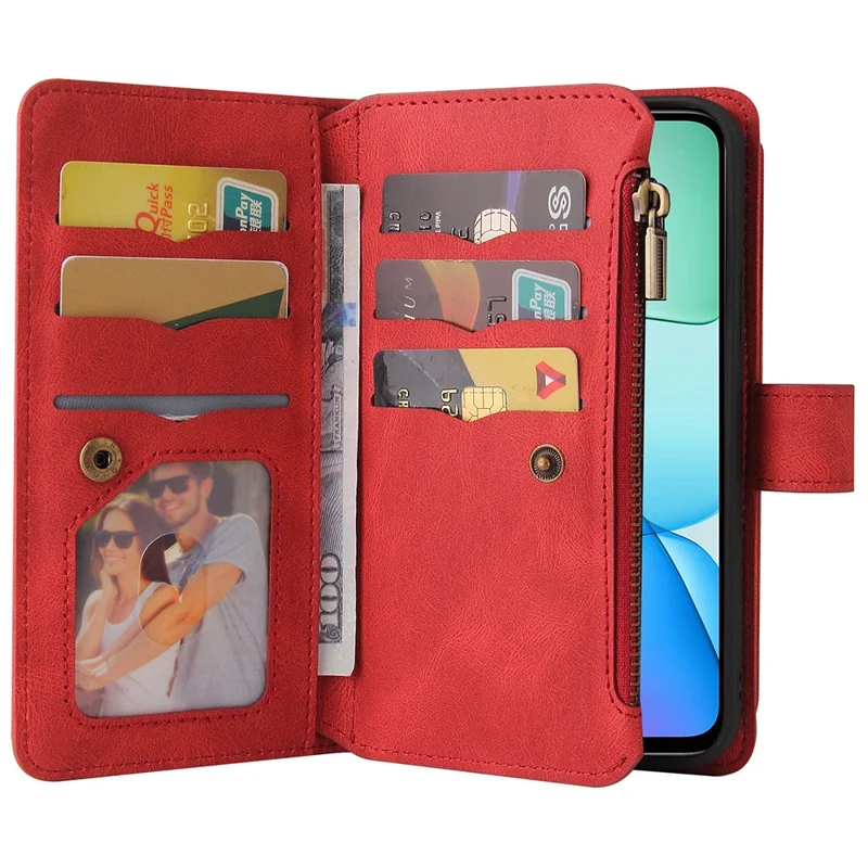 For Xiaomi Redmi 13 5G / 13 4G / Note 13R 5G Zipper Wallet Case with 15 Card Slots and Strap Leather Phone Cover - Red