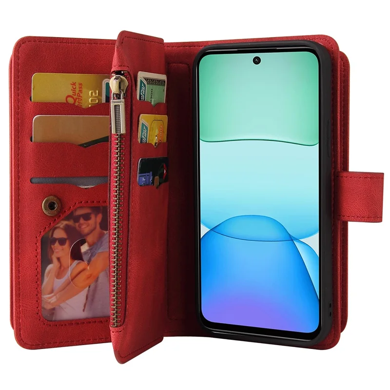 For Xiaomi Redmi 13 5G / 13 4G / Note 13R 5G Zipper Wallet Case with 15 Card Slots and Strap Leather Phone Cover - Red