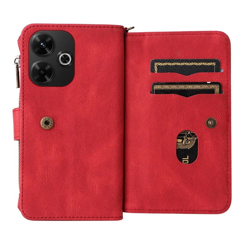 For Xiaomi Redmi 13 5G / 13 4G / Note 13R 5G Zipper Wallet Case with 15 Card Slots and Strap Leather Phone Cover - Red