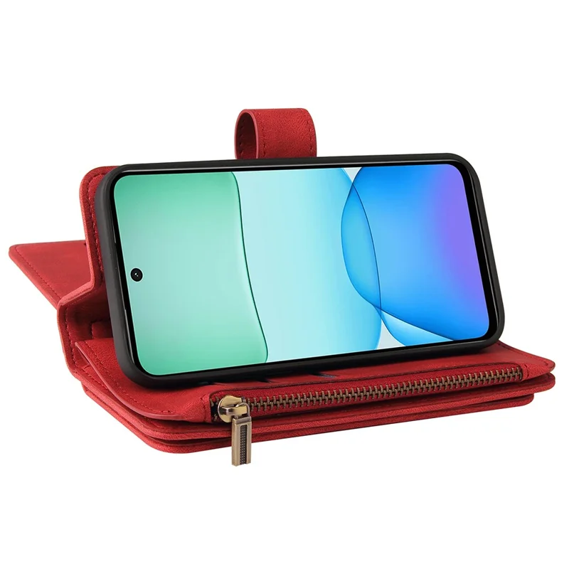 For Xiaomi Redmi 13 5G / 13 4G / Note 13R 5G Zipper Wallet Case with 15 Card Slots and Strap Leather Phone Cover - Red