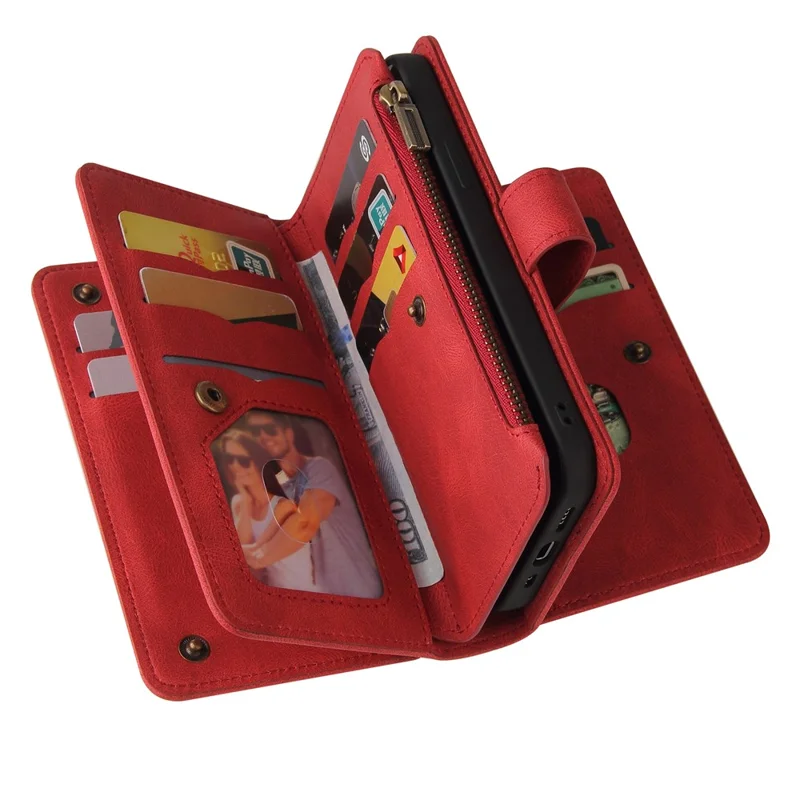 For Xiaomi Redmi 13 5G / 13 4G / Note 13R 5G Zipper Wallet Case with 15 Card Slots and Strap Leather Phone Cover - Red