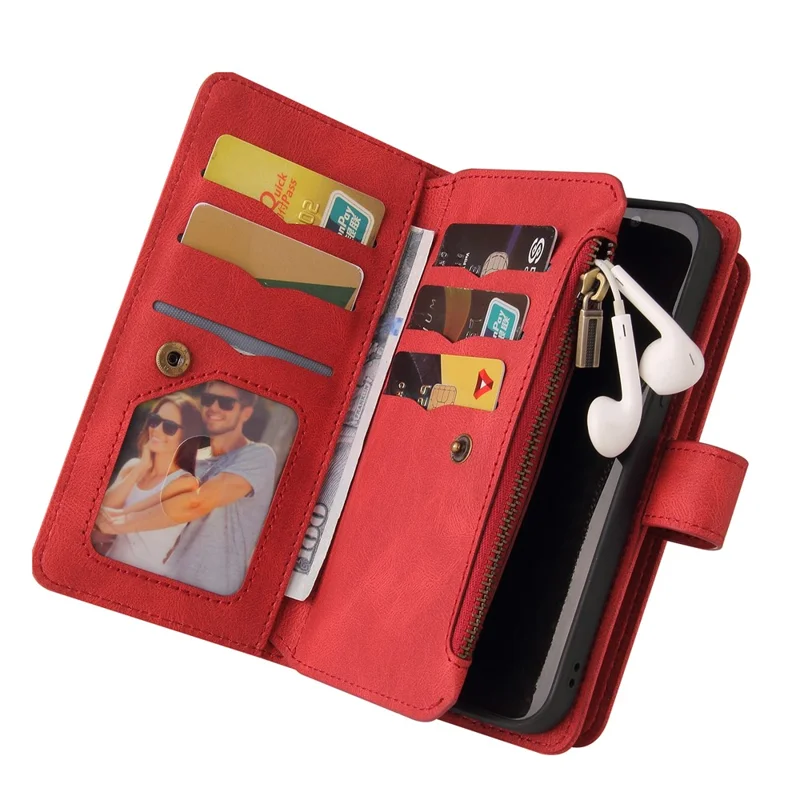 For Xiaomi Redmi 13 5G / 13 4G / Note 13R 5G Zipper Wallet Case with 15 Card Slots and Strap Leather Phone Cover - Red