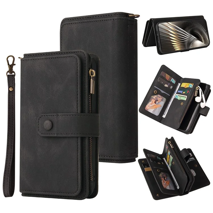 For Xiaomi Redmi Turbo 3 5G / Poco F6 5G Zipper Wallet Case with 15 Card Slots and Strap Leather Phone Cover - Black