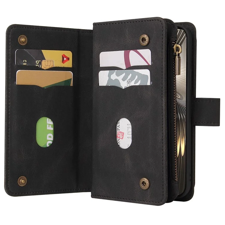 For Xiaomi Redmi Turbo 3 5G / Poco F6 5G Zipper Wallet Case with 15 Card Slots and Strap Leather Phone Cover - Black