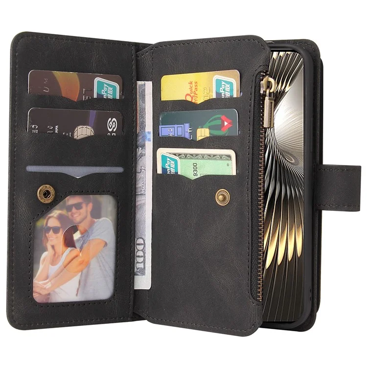 For Xiaomi Redmi Turbo 3 5G / Poco F6 5G Zipper Wallet Case with 15 Card Slots and Strap Leather Phone Cover - Black