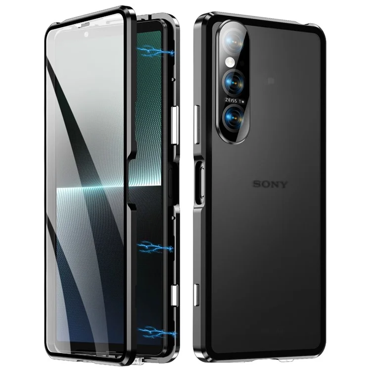 Für Sony Xperia 1 VI Klares Gehäuse Gehärtetes Glas+Metall+PC Rückseitiger Magnetischer Telefonschutz - Schwarz