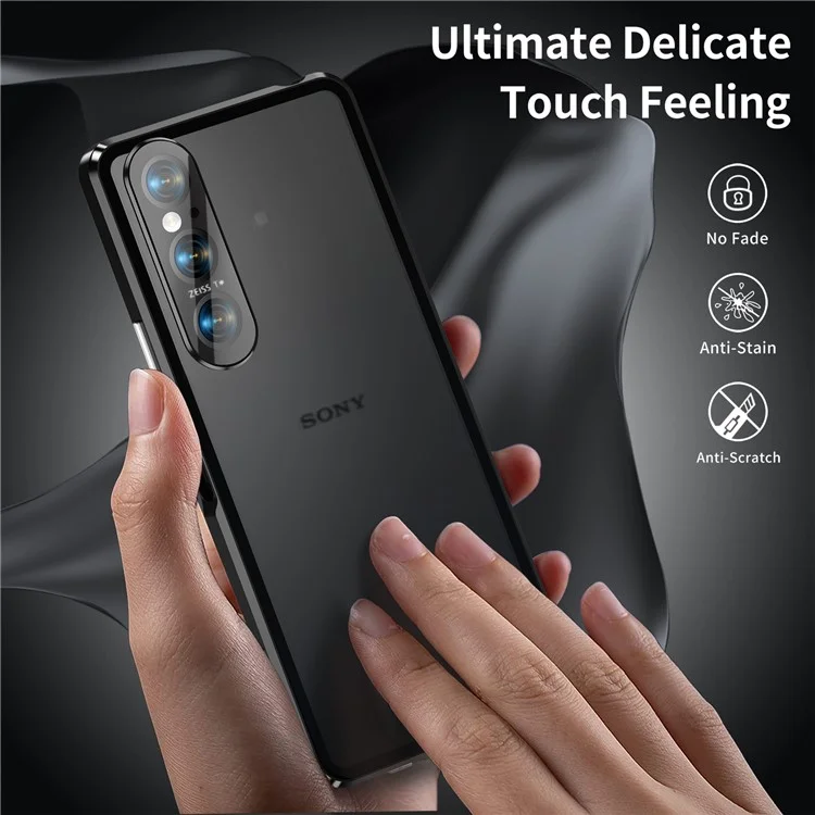 Für Sony Xperia 1 VI Klares Gehäuse Gehärtetes Glas+Metall+PC Rückseitiger Magnetischer Telefonschutz - Schwarz