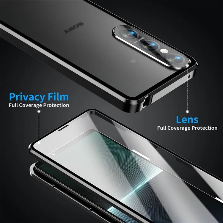Für Sony Xperia 1 VI Klares Gehäuse Gehärtetes Glas+Metall+PC Rückseitiger Magnetischer Telefonschutz - Schwarz