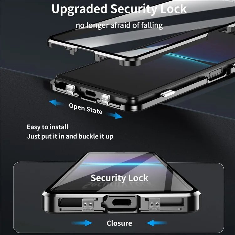 Für Sony Xperia 1 VI Klares Gehäuse Gehärtetes Glas+Metall+PC Rückseitiger Magnetischer Telefonschutz - Schwarz