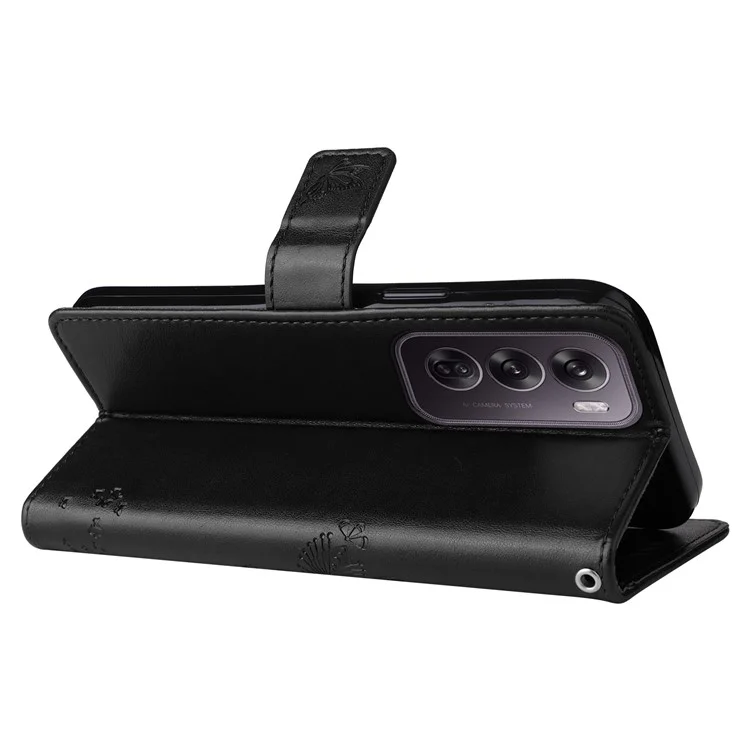 KT Imprinting Flower Series-3 Para Oppo Reno12 Pro 5G (Global) / (China) Capa com Carteira de Couro Estampada e Suporte para Celular - Preto